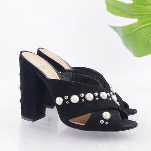 SCHUTZ Womens Fera Mule Sandals Size 7 Black Suede Pearl Beaded Block Heel Shoes